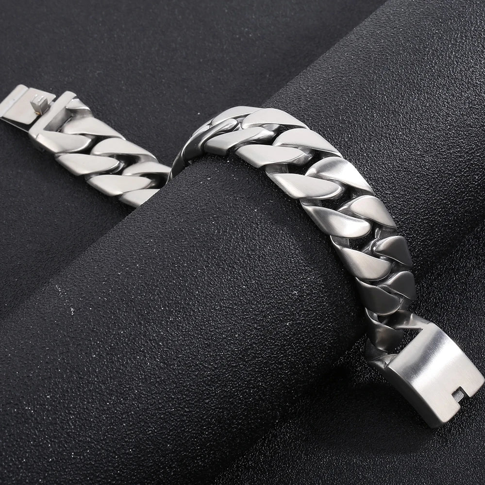 20MM Curb Cuban Chain Men Bracelet for Man Polished Brushed Waterproof Gold Color Stainless Steel Wristbands New In