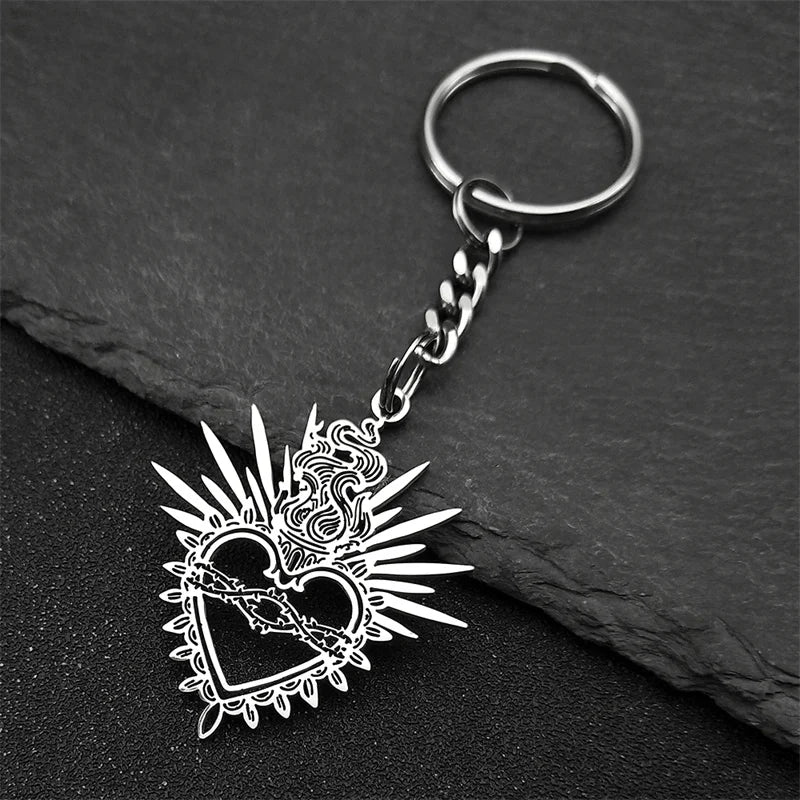 Heart Key Steel Pendant Flaming Sacred Thorns