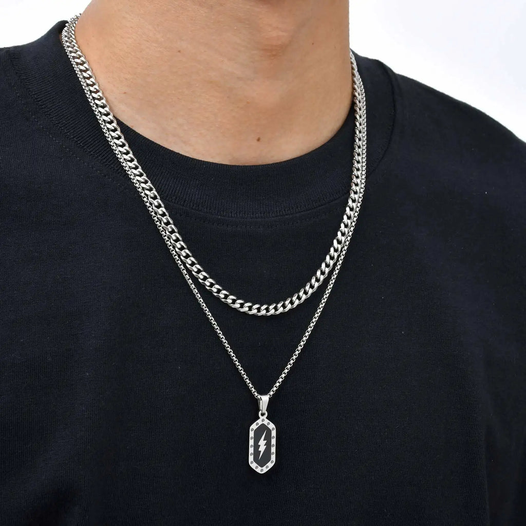 Stylish Lightning Pattern Necklace for Men,Black Enamel Hexagonal Stainless Steel Pendant,Punk Jewelry Gift for Him