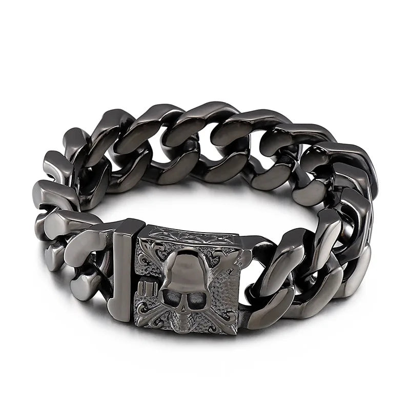 Fongten Gothic Skull Bracelets For Men Ancient Silver Color Stainless Steel Cuban Chain Heavy Bracelet Bangle Jewelry Wholesale