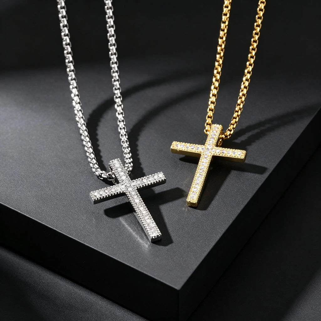 Hip Hop Cool AAA Cubic Zircon Cross Necklace for Men, Stainless Steel Chain Vintage Cross Pendant, Religious Punk Jewelry