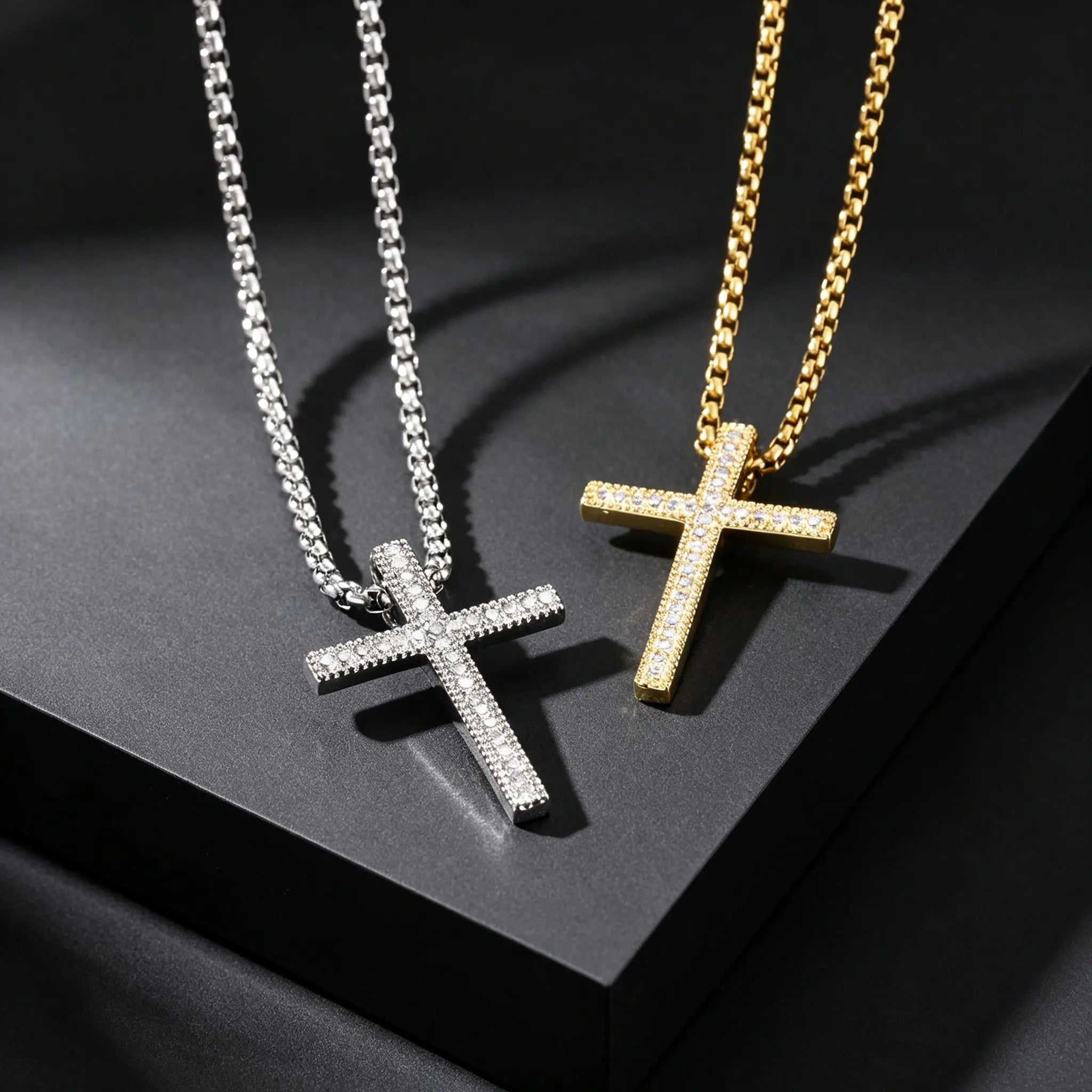 Hip Hop Cool AAA Cubic Zircon Cross Necklace for Men, Stainless Steel Chain Vintage Cross Pendant, Religious Punk Jewelry