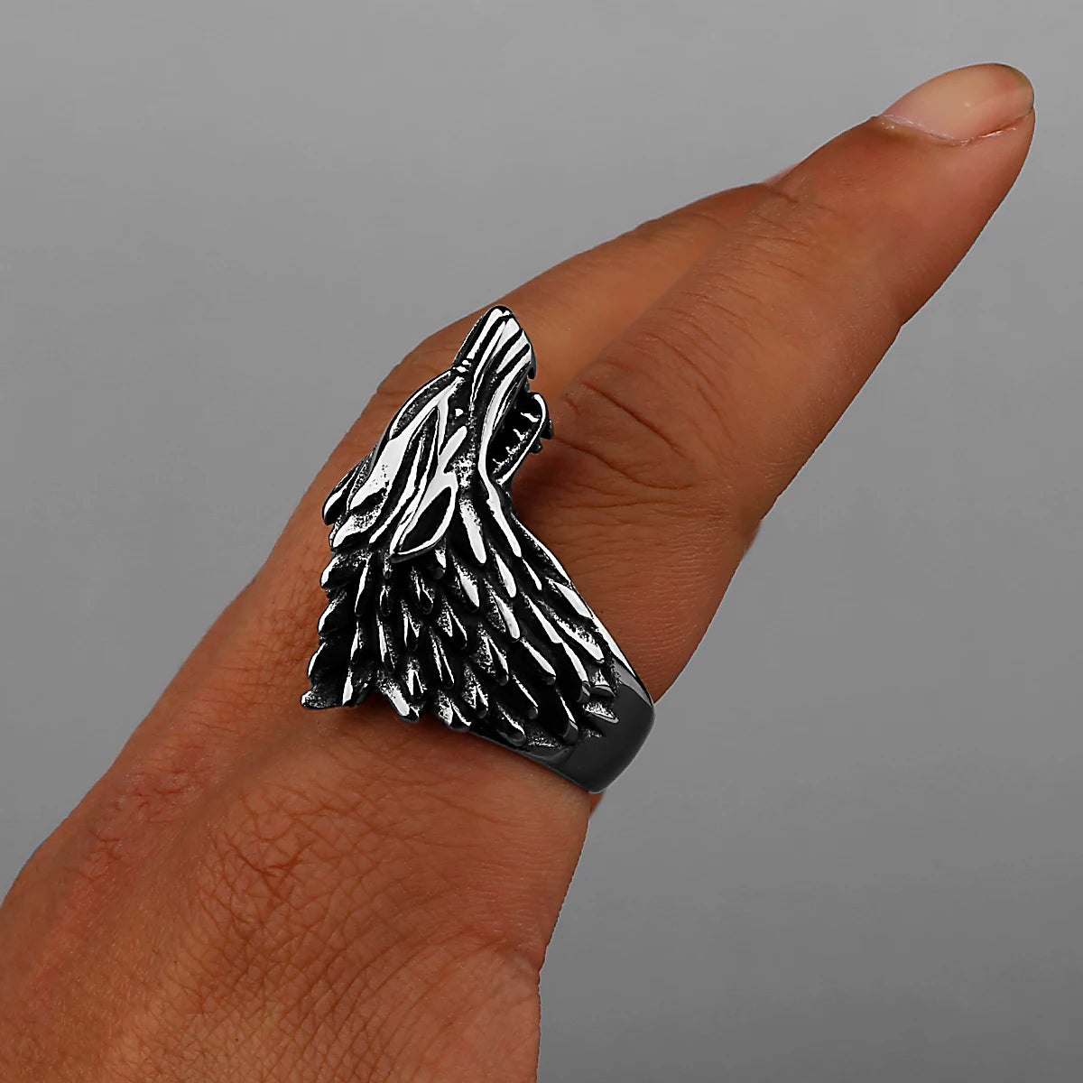 Viking Domineering Wolf Head Ring Men's Fashion Personality Creative Temperament Stainless Steel Ring Jewelry Gift