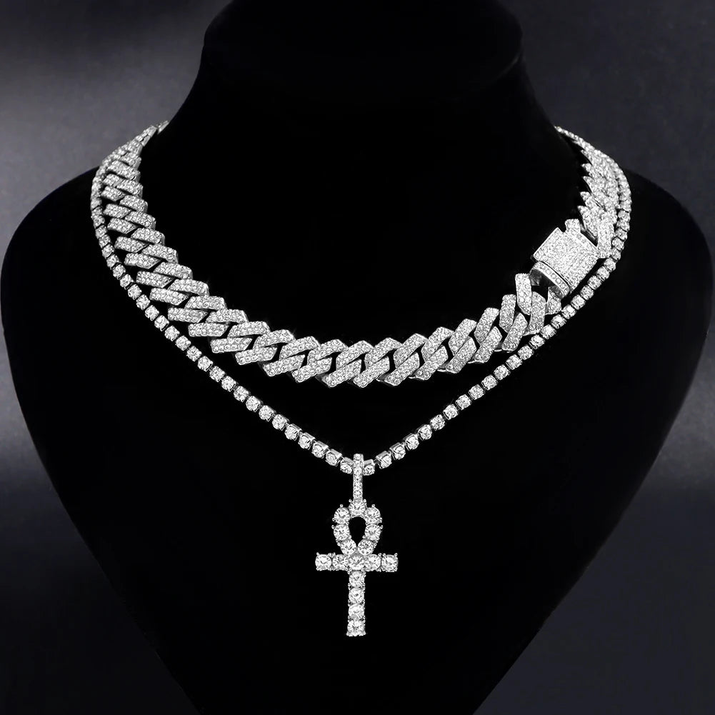 2Pcs Punk Crystal Cross Ankh Tennis Chain Iced Out Prong Cuban Link Chain Necklace For Men Women Rapper Necklaces