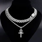 2Pcs Punk Crystal Cross Ankh Tennis Chain Iced Out Prong Cuban Link Chain Necklace For Men Women Rapper Necklaces