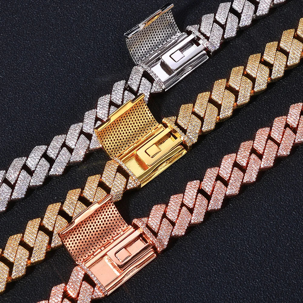 Wholesale Full Diamond Cuban Necklace Hip Hop Jewelry Cube Zirconia Sparkling Diamond 15mm Brass Plated Rose Gold Jewelry