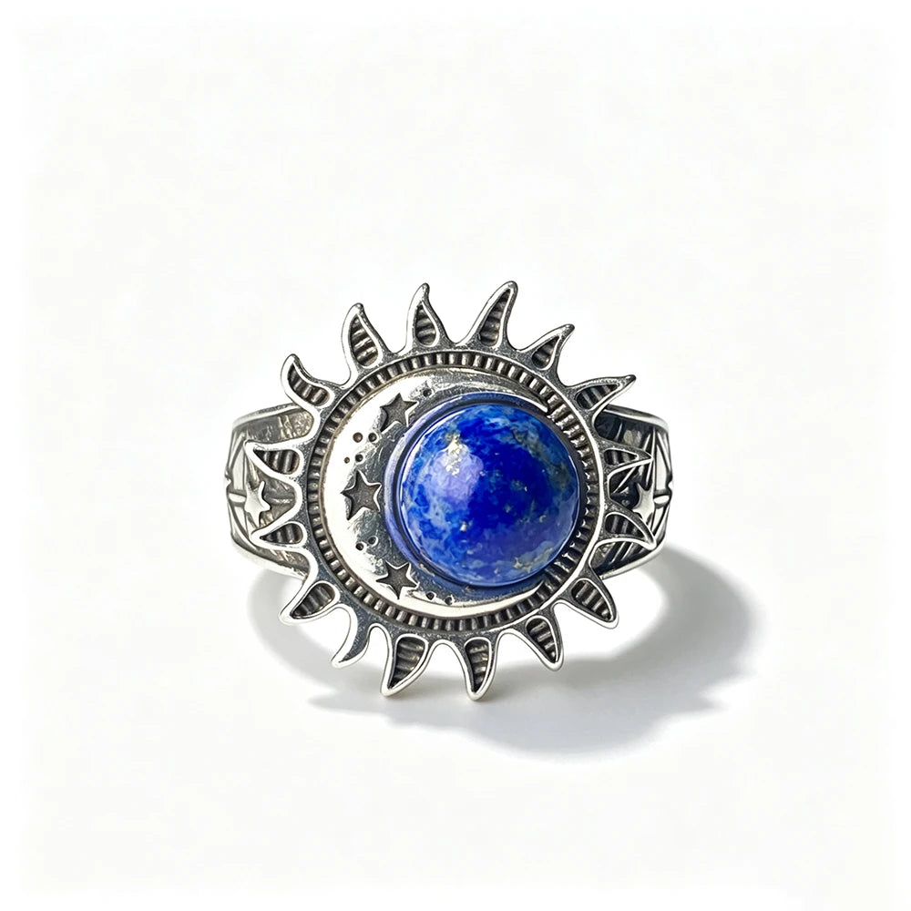 Sun Star Moon Cabochon Ring — Silver-Tone Bohemian