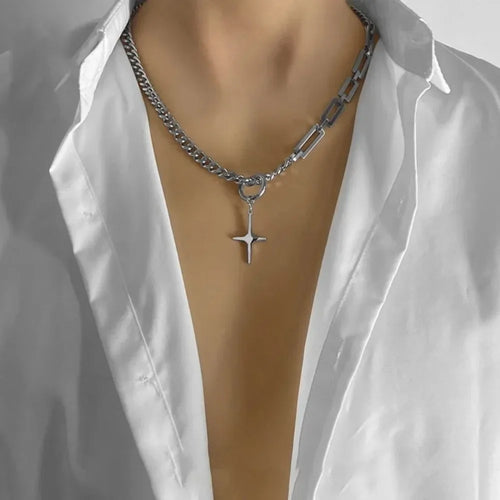 Men Trendy Hip Hot Black Square Pendant Necklace Asymmetric Stainless Steel Cuba Chain Necklace for Men Jewelry