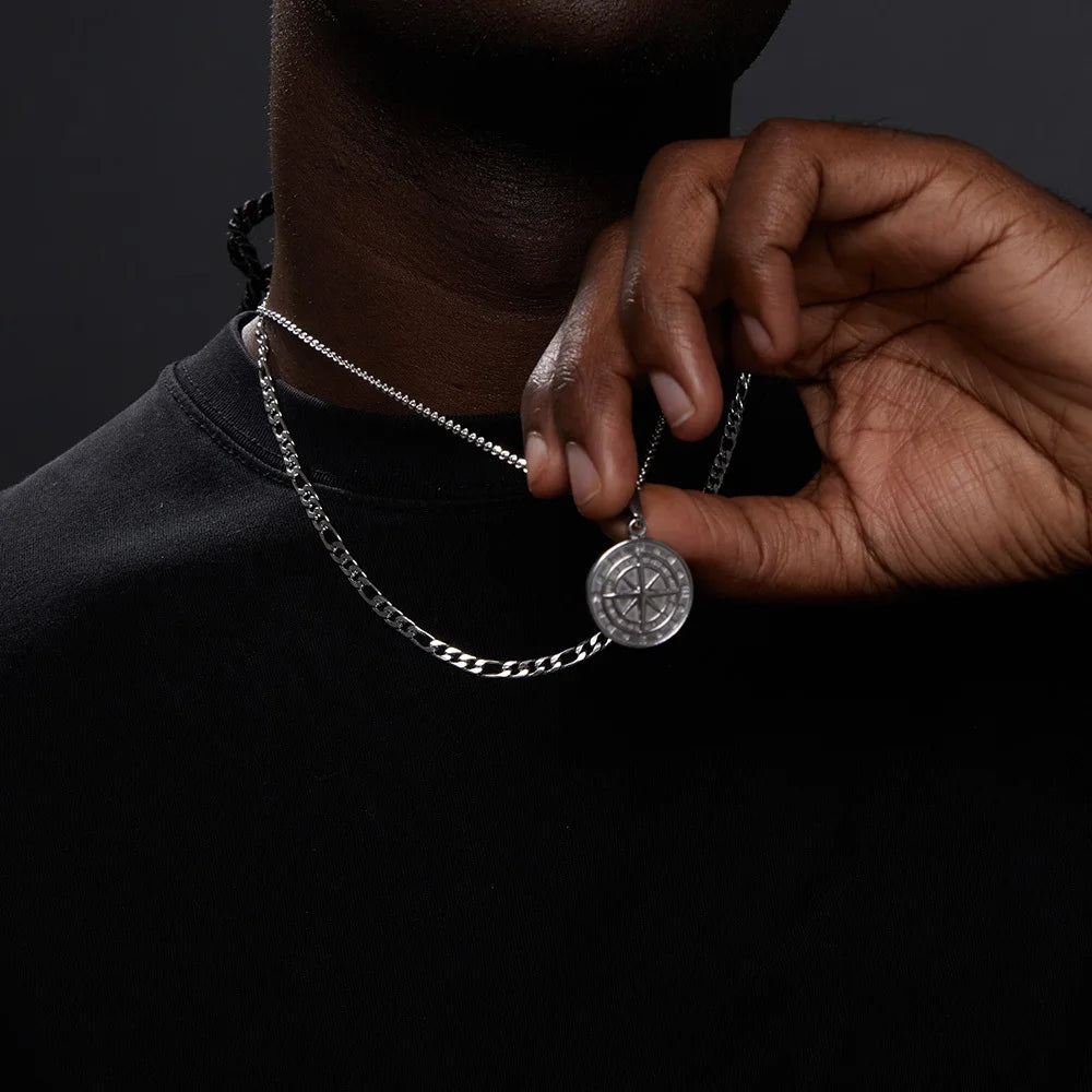 Layered Compass Cuban Figaro Necklace — Stainless Steel