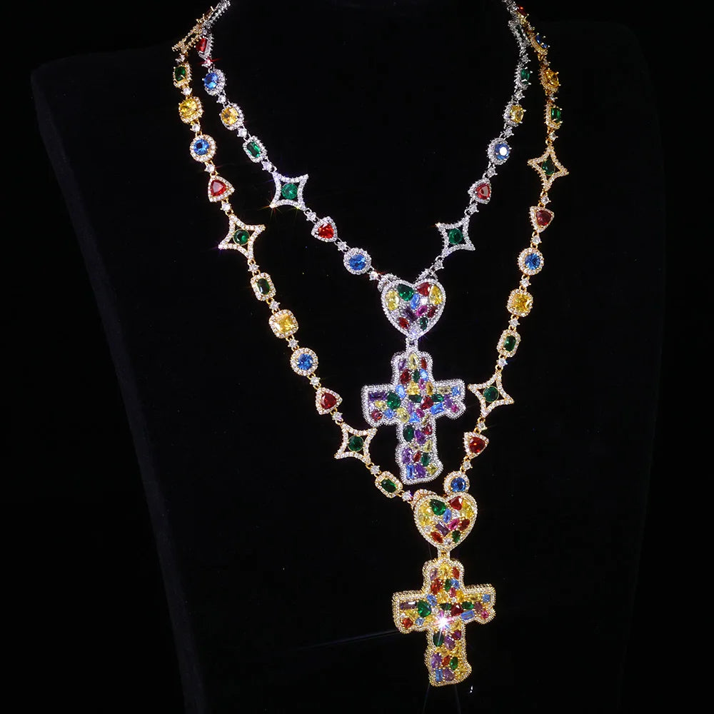 Cross Pendant Necklace Iced Out Multi-Color CZ