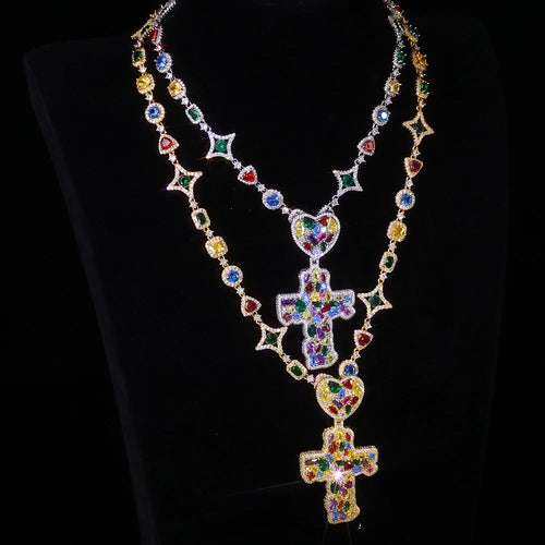 Cross Pendant Necklace Iced Out Multi-Color CZ