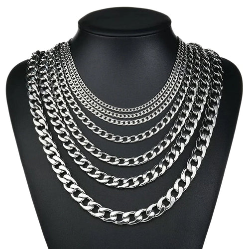 316L Stainless Steel Cuban Link Chain Flat Necklace For Men Jewelry Accessories Male Neck