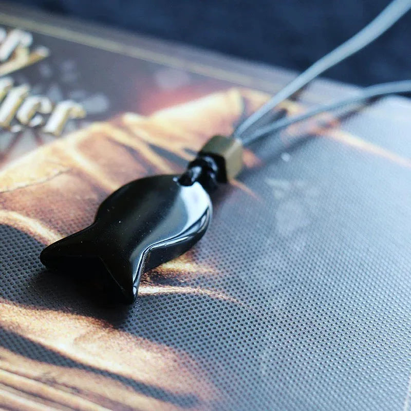 Vintage Natural Black Obsidian Fish‑Shaped Pendant Necklace for Men, Ideal for Fishing Enthusiasts, Valentine’s Day Gift