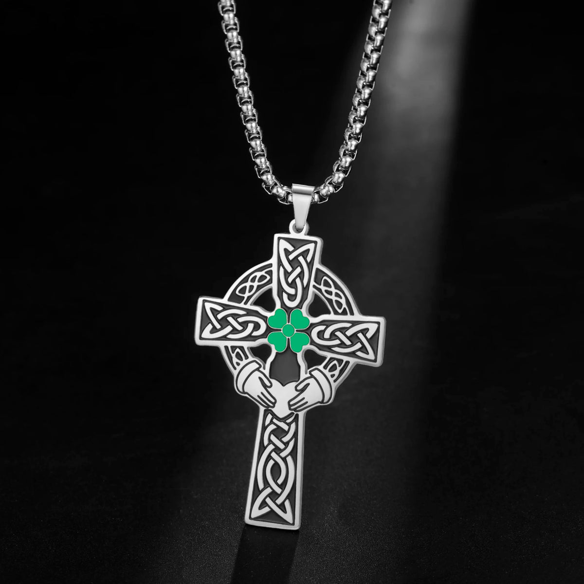 Celtic Cross Shamrock Claddagh Pendant Necklace — Stainless Steel