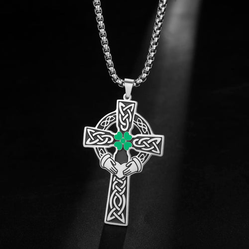 Celtic Cross Shamrock Claddagh Pendant Necklace — Stainless Steel