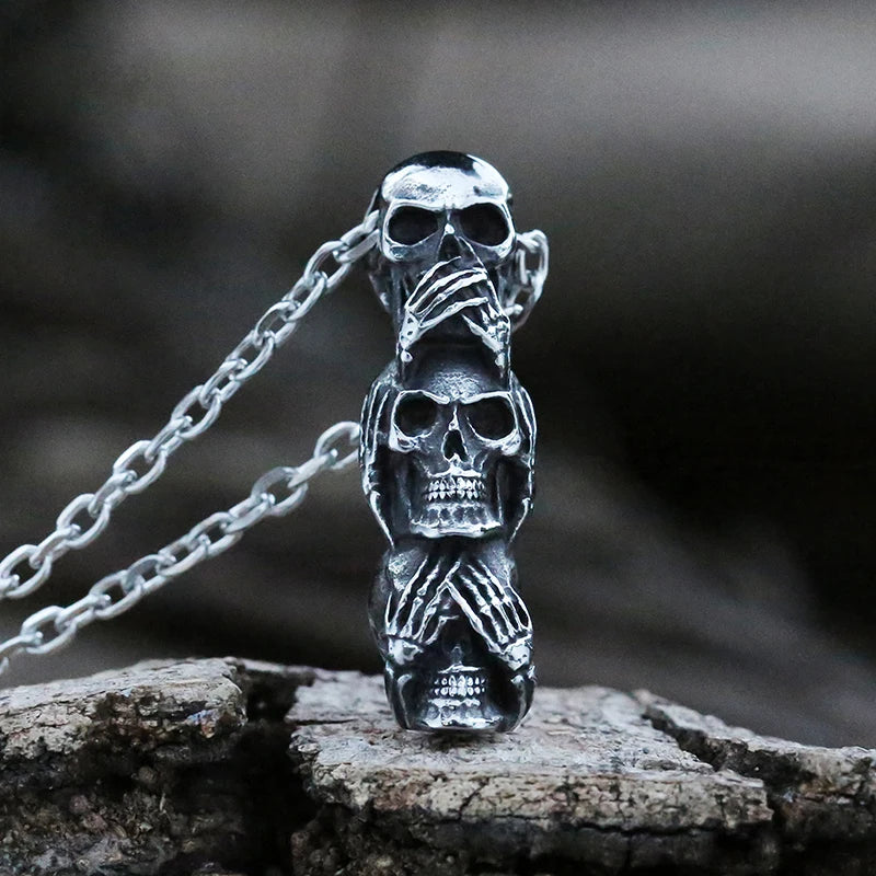 Three Wise Skulls Pendant — Stainless Steel