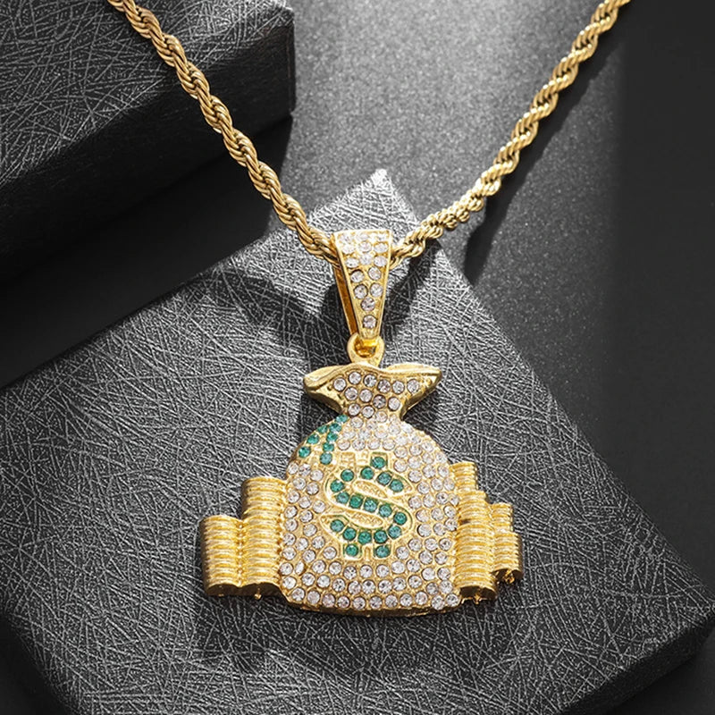 Gold Iced Out Money Bag Pendant Rope Chain