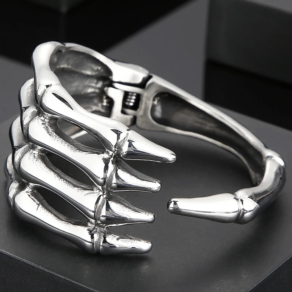 Gothic Stainless Steel Open Cuff Bangle Bracelet For Man Punk Skull Hand Shaped Men's Bracelets Rockers' Jewelry