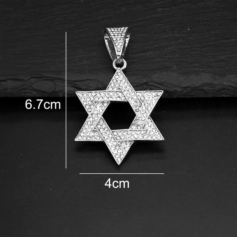 Fashion Star of David Pendant Necklace Women Men Hip Hop Tennis Cuban Chain Necklaces Classic Six-pointed Star Jewish