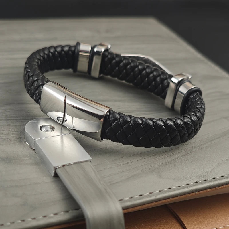 Viking Valknut Leather Braid Bracelet — Stainless Steel