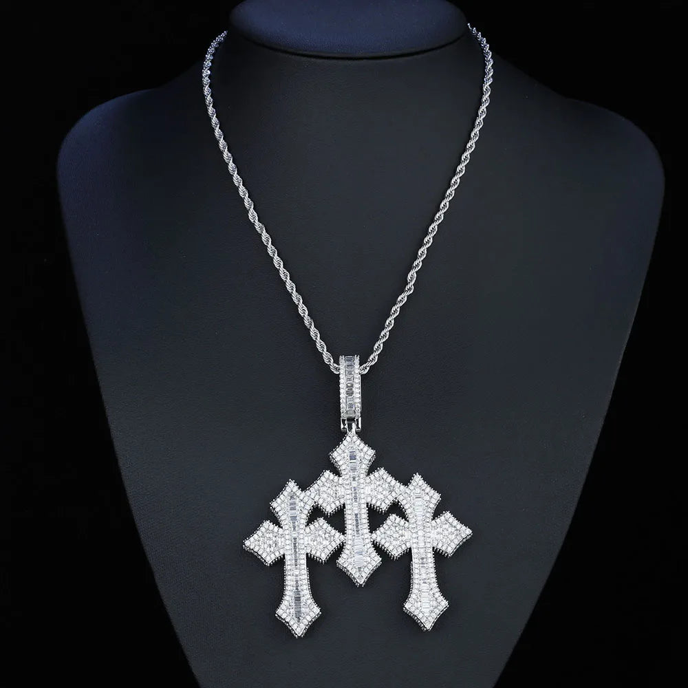 Cross Pendant Necklace Iced Out Three Baguette
