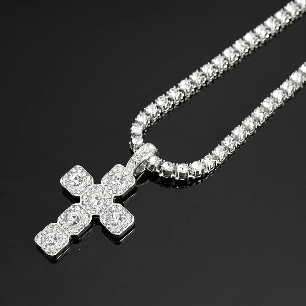 Iced Out Cross Pendant Necklace — 4mm Tennis Chain, Two-Tone