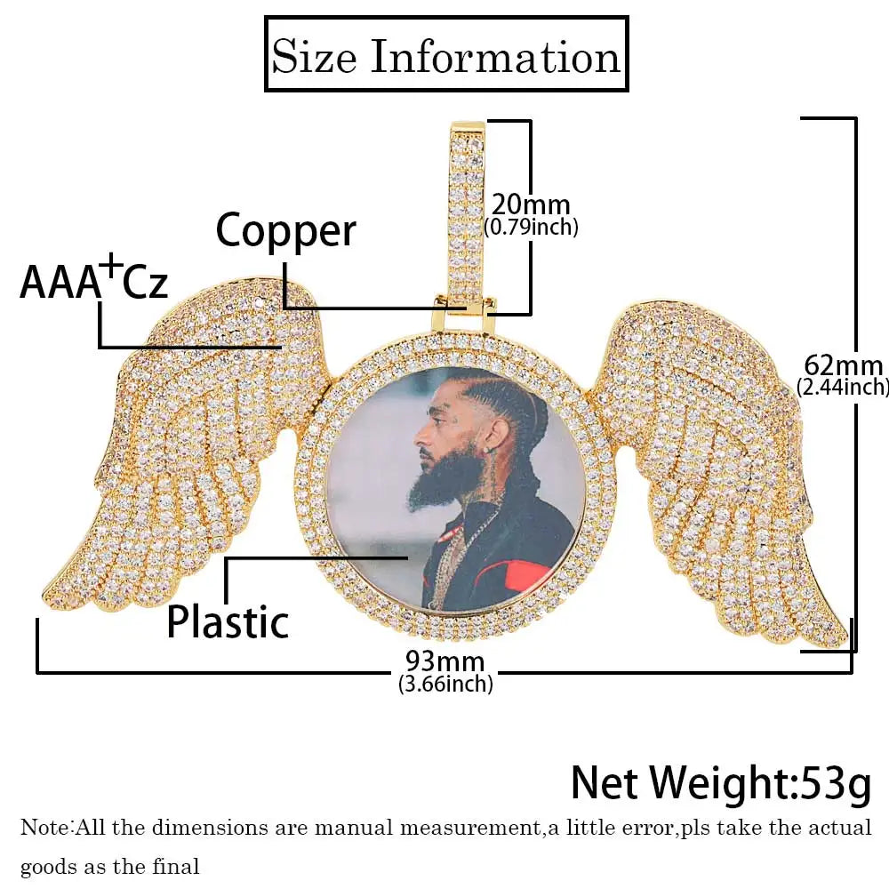 Angel Wings Photo Pendant Necklace Iced Out