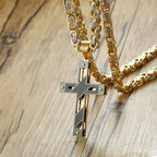 Rock Cross Necklace for Men,Gold Color Stainless Steel Stylish Byzantine Chain,Catholic Crucifix Pendant Collar Jewelry
