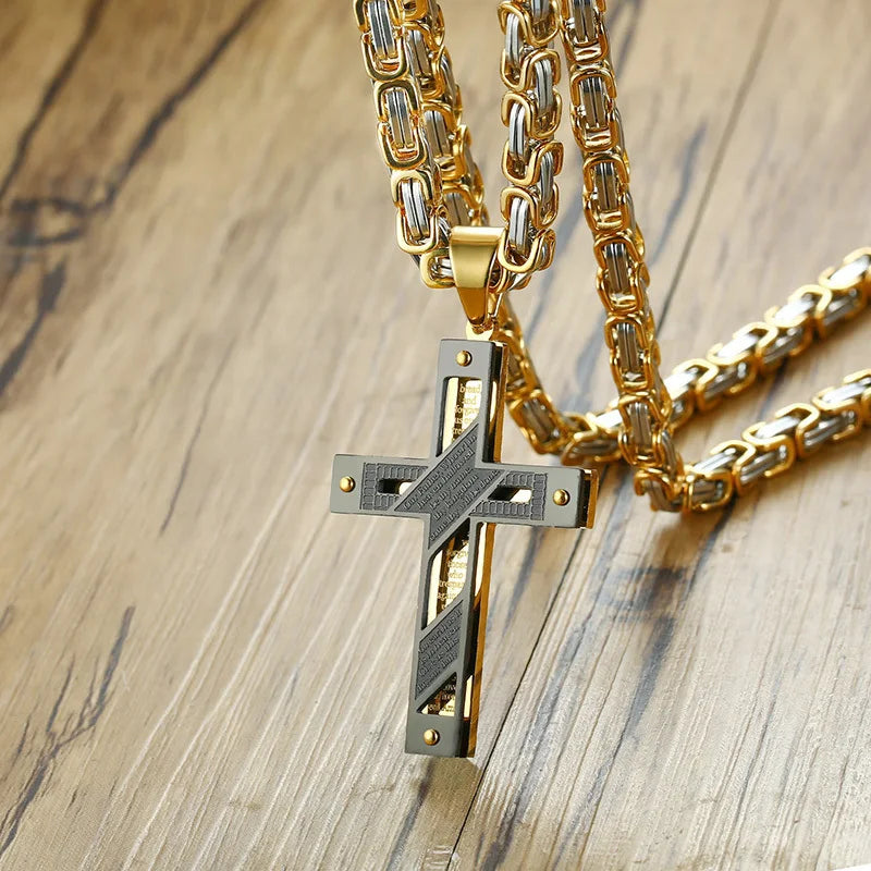Rock Cross Necklace for Men,Gold Color Stainless Steel Stylish Byzantine Chain,Catholic Crucifix Pendant Collar Jewelry
