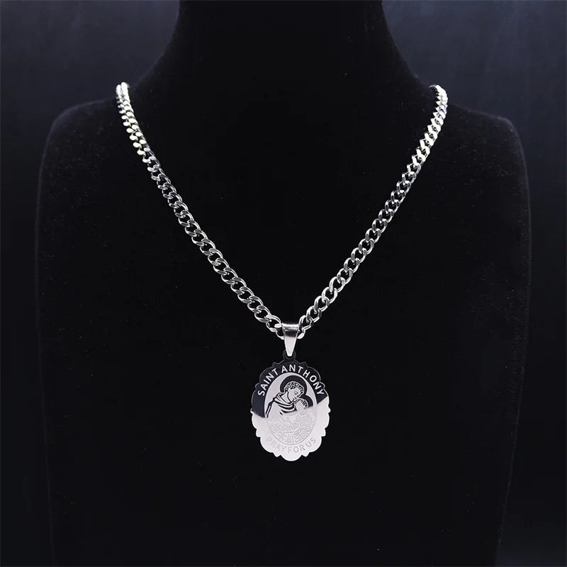 SAINT ANTHONY PRAY FOR US Stainless Steel Archangel Necklace Women/Men Silver Color Flower Necklaces Jewelry religieux