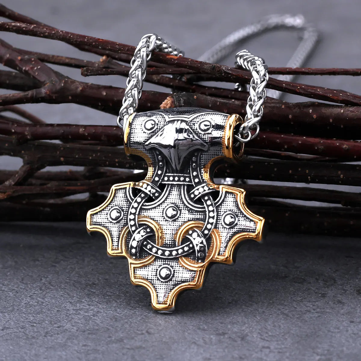 Vintage Viking Odin Raven Mjolnir Thor's Hammer Necklace Men Stainless Steel Hip Hop Biker Amulet Pendant Necklace Gift