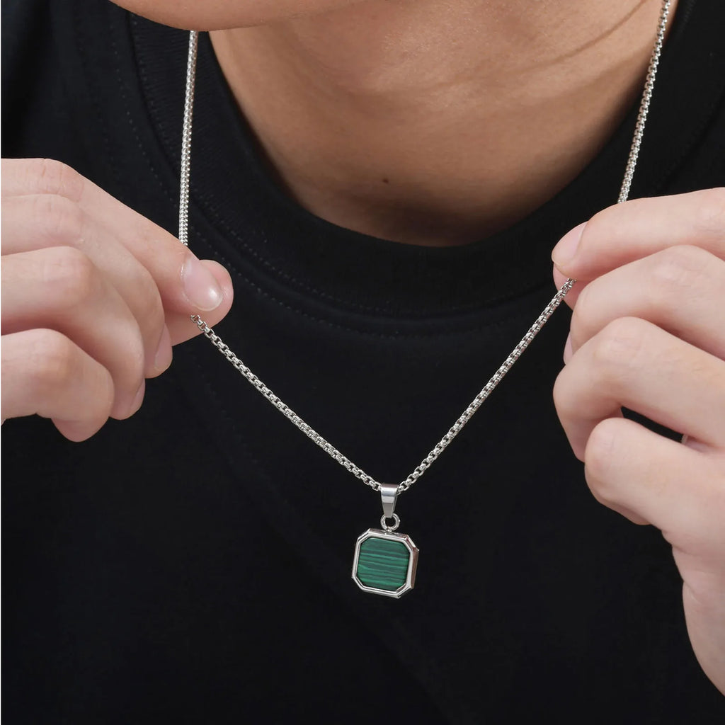 Green Square Stone Pendant — Stainless
