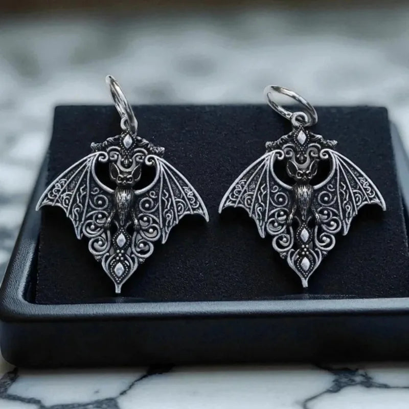 Creative Personality Silver Color Hollowed-out Vampire Bat Pendant Hoop Earrings for Women Retro Goth Halloween Vampire Jewelry