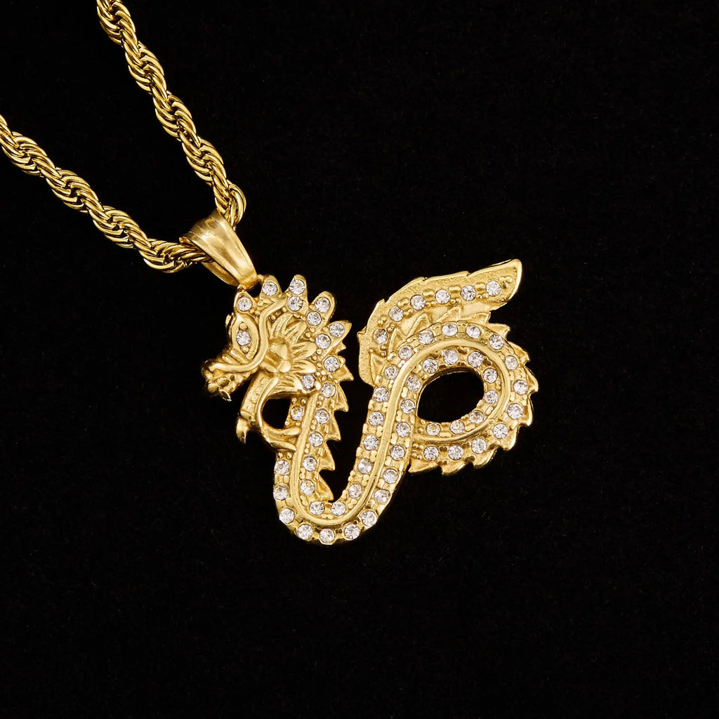 Dragon Rhinestone Pendant Necklace — Stainless Steel