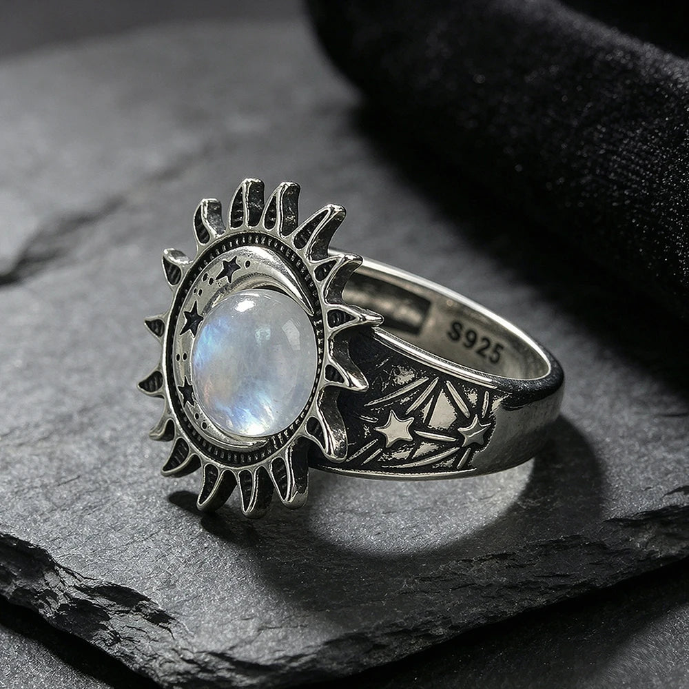 Sun Star Moon Cabochon Ring — Silver-Tone Bohemian