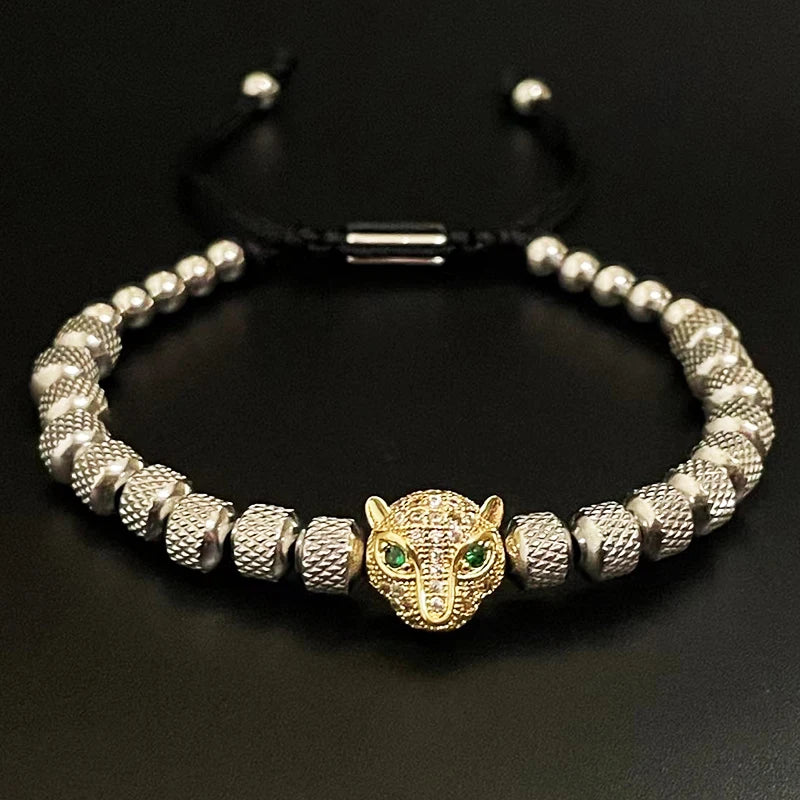 Leopard Head Beaded Bracelet — Stainless Steel