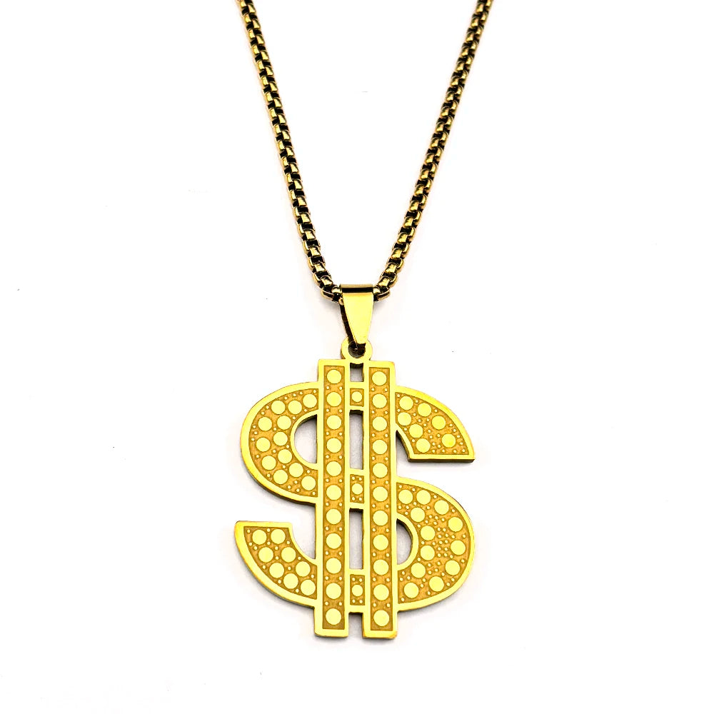 Hip Hop Dollar Money Symbol Necklace Stainless Steel Gold Silver color Rhinestone Pendant Rap Streetwear Chain Jewelry
