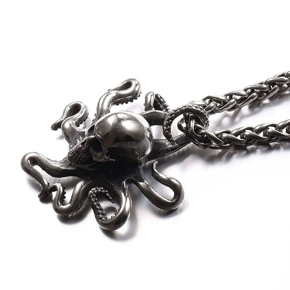 Gothic Pirate Octopus Skull Necklace Pendant Men Retro Street Rock Stainless Steel Octopus Necklace Chain Jewelry