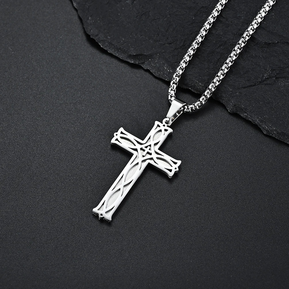 Fashion Double Cross Pendant Jesus Necklace for Men Boy Stainless Steel 24Inch Chain Link Necklaces Male Religious