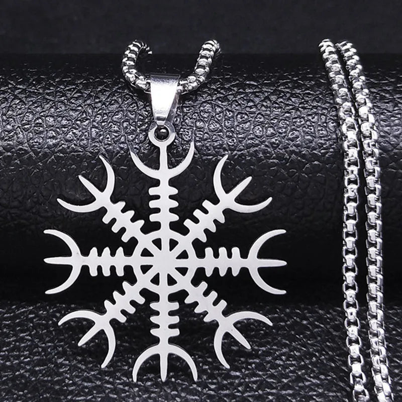 Viking Compass Helm Rune Amulet Necklace Silver Color Stainless Steel Symbol of Protection Necklace Pagan Jewelry