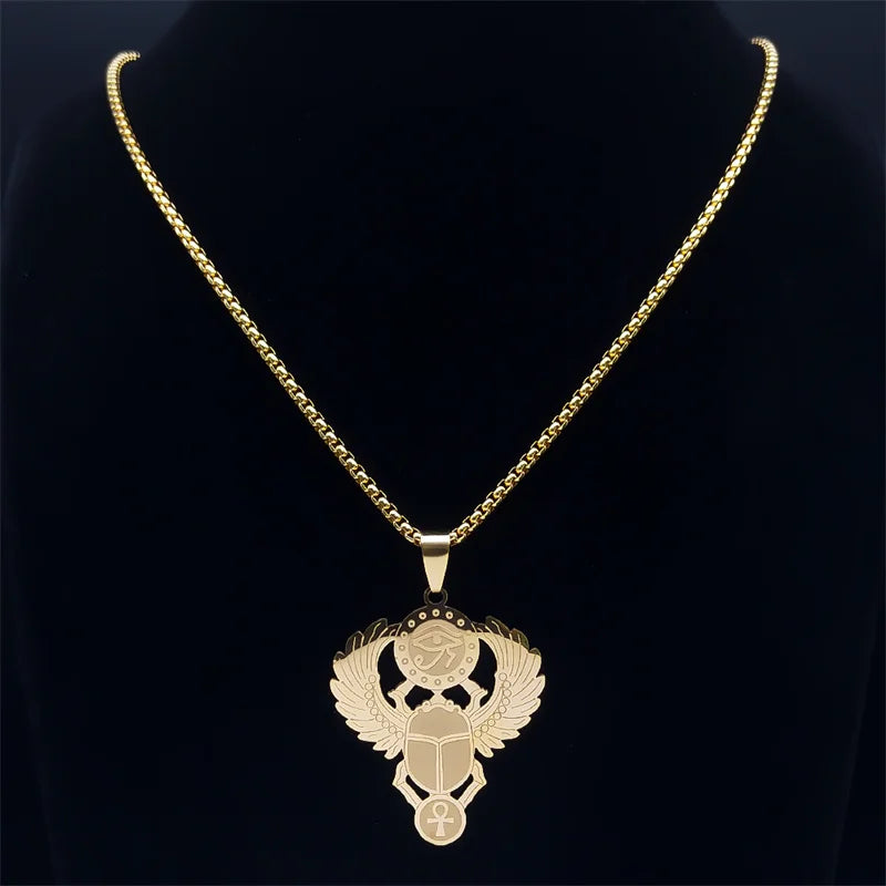 Egyptian Scarab Eye of Ra Horus Symbol Necklaces Stainless Steel Gold Color Ankh Key Of Life Necklace Jewelry collares