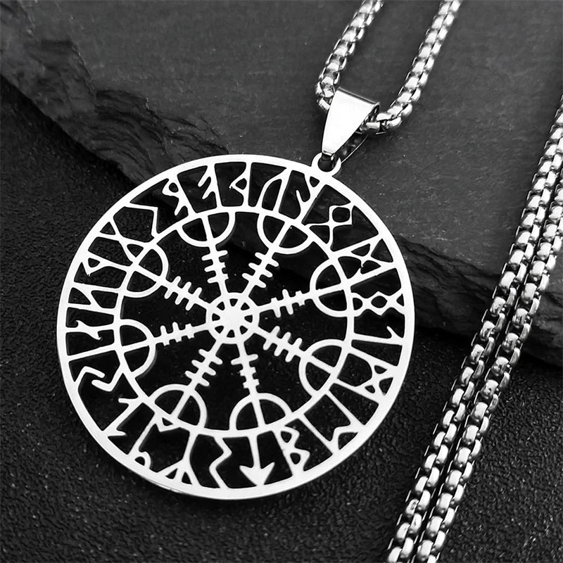 Viking Compass Helm Rune Amulet Necklace Silver Color Stainless Steel Symbol of Protection Necklace Pagan Jewelry