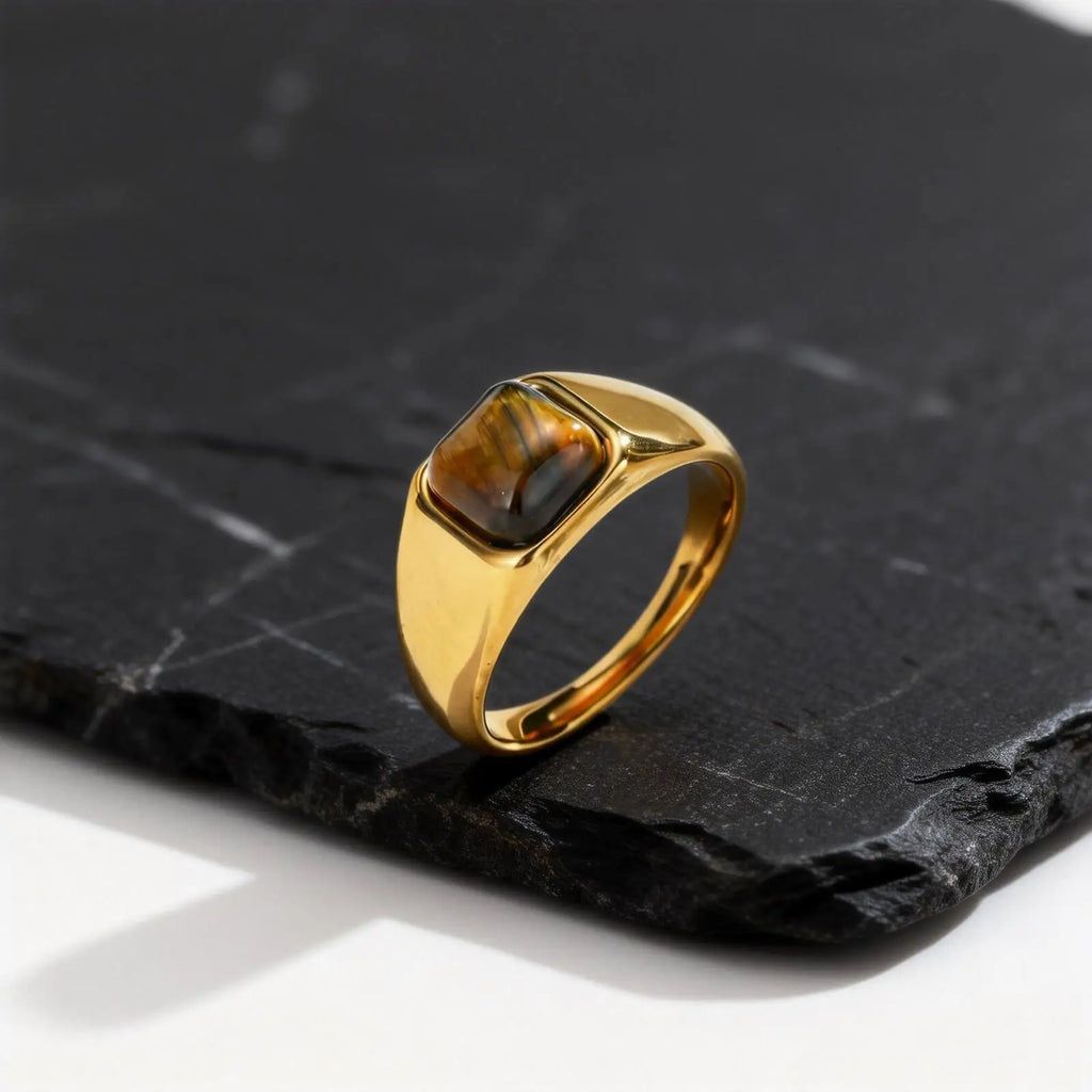 Gold Color Pinky Ring for Men Women,Stainless Steel Tiger Eye Stone Signet Ring,Dainty Chic Party Jewelry Gift