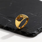 Gold Color Pinky Ring for Men Women,Stainless Steel Tiger Eye Stone Signet Ring,Dainty Chic Party Jewelry Gift