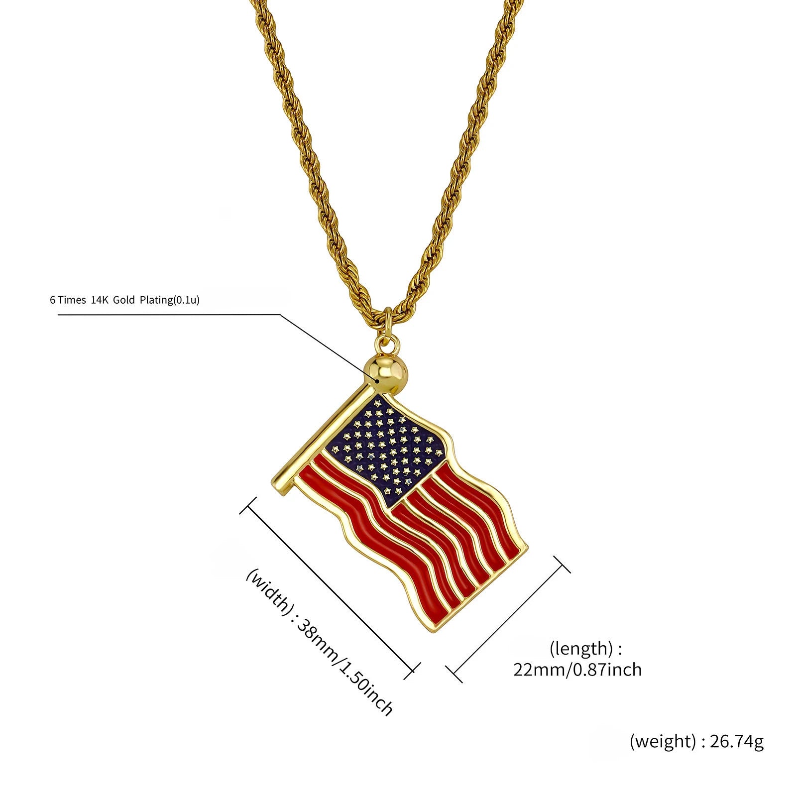 Gold US Flag Pendant Necklace Stainless Steel