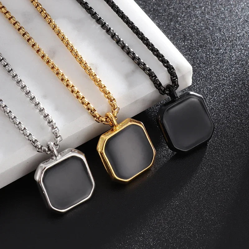Stainless Steel Square Black Natural Stone Necklace Beautiful Geometric Polygon Pendant for Women Casual Punk Jewelry