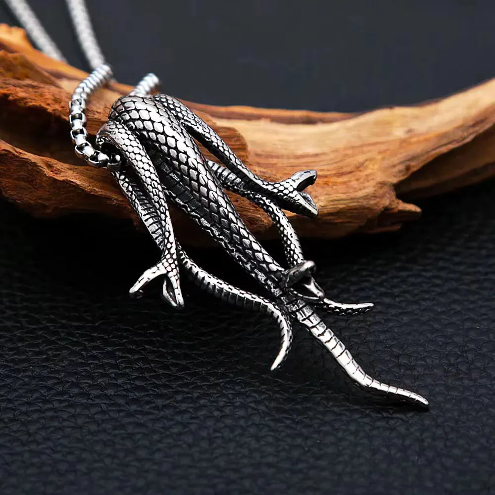 Retro Gothic Three Headed Long Snake Pendant Necklace Stainless Steel Punk Biker Snake Necklace For Men Women Fashion Jewelry