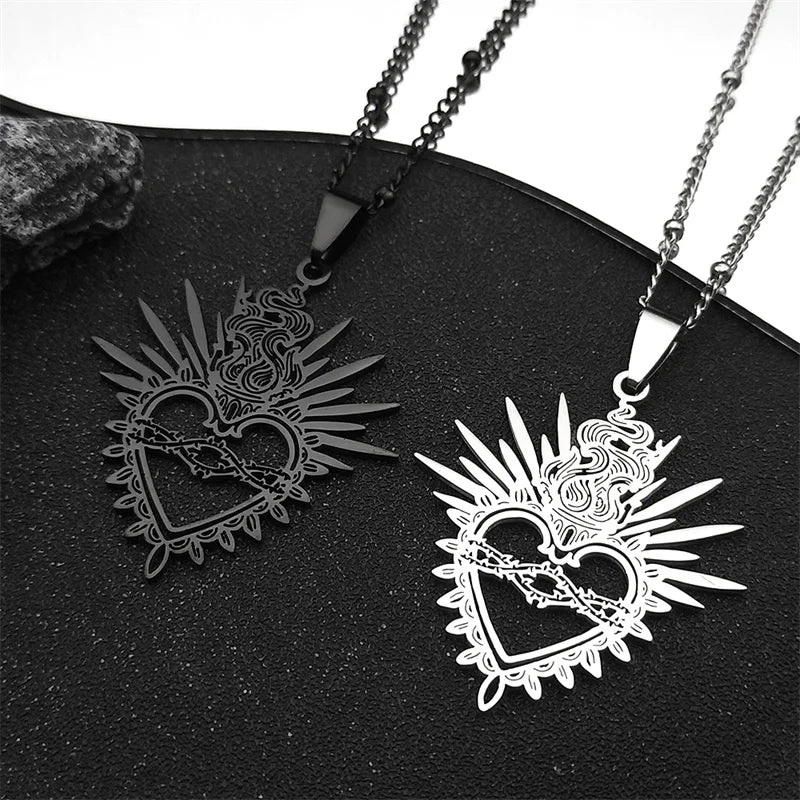 Sacred Heart Enamel Pendant — Black Stainless