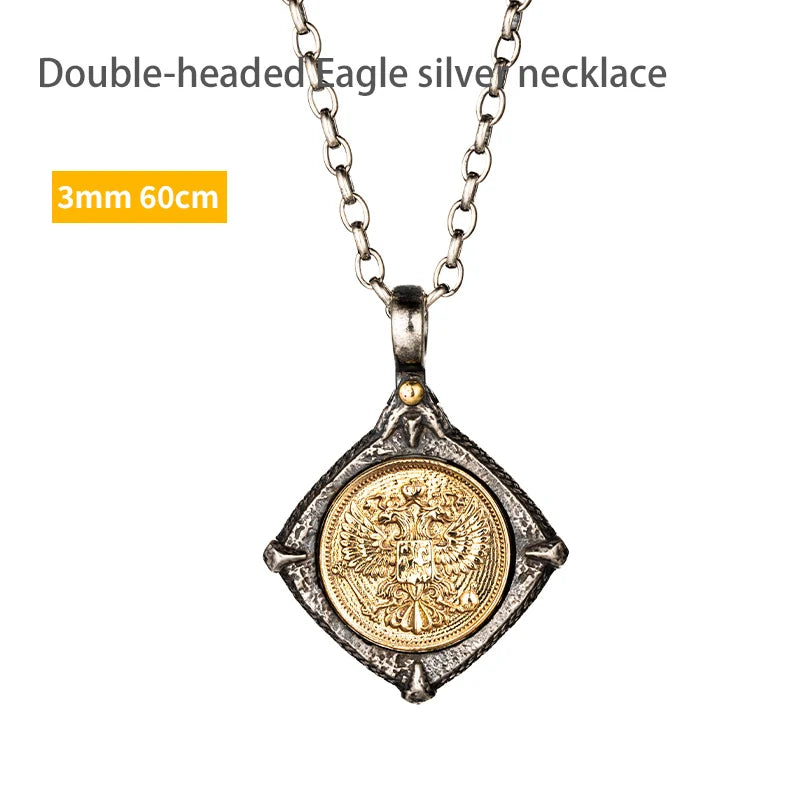 Double-Headed Eagle Pendant Necklace Vintage — Silver-Tone