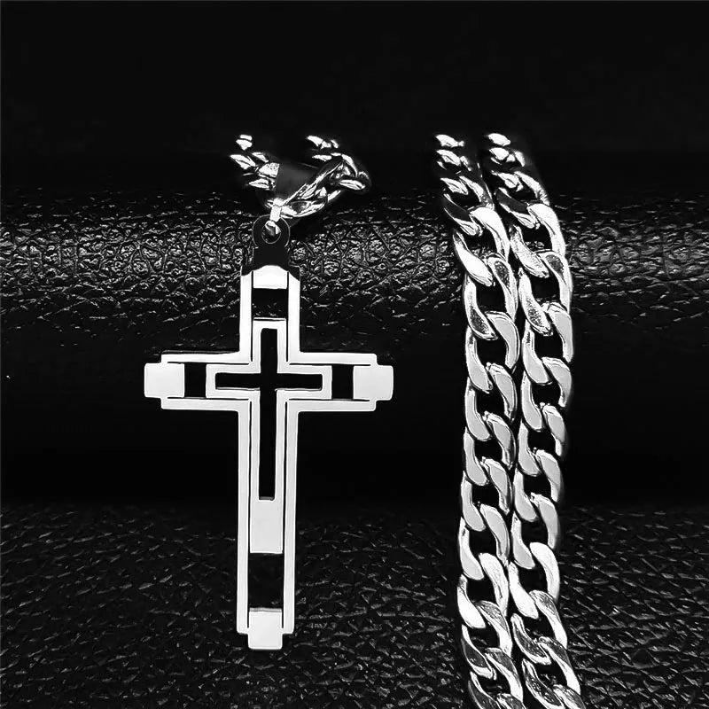 Hip Hop Cross Stainless Steel Chain Necklaces Gold Color Long Pendant Necklace for Women Men Christian Jewelry collier